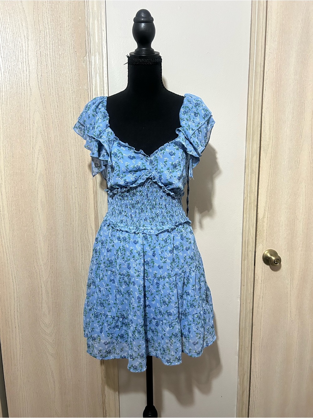 Trixxi Light Blue Floral Smocked Ruffle Mini Dress
